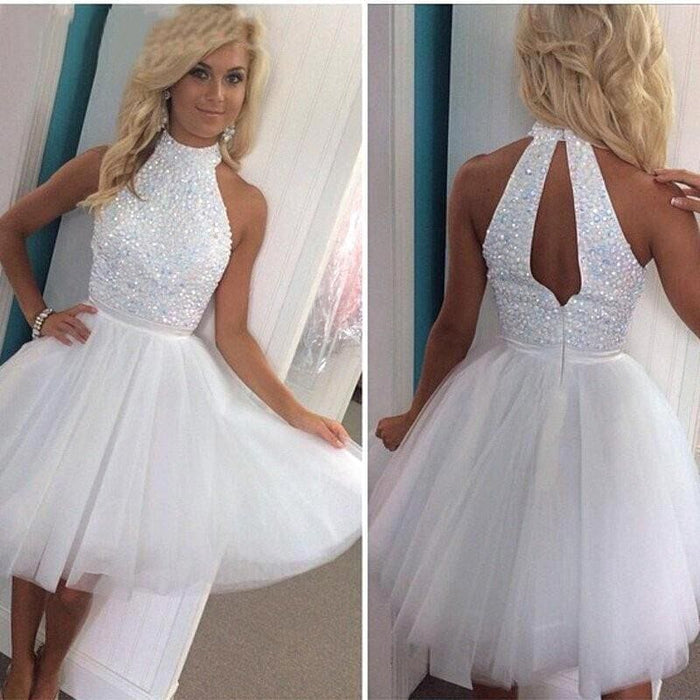 White Crystal High Collar Short Homecoming Dresses Tulle Sleeveless Mini Cocktail Gowns