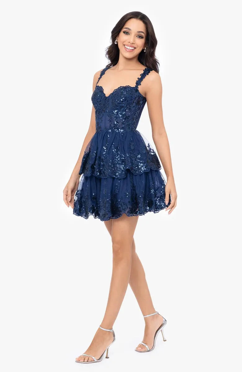 Navy Blue Sequin Embellished Homecoming Dress Spaghetti Strap with Scalloped Edges Tiered Tulle Skirt for School Dances