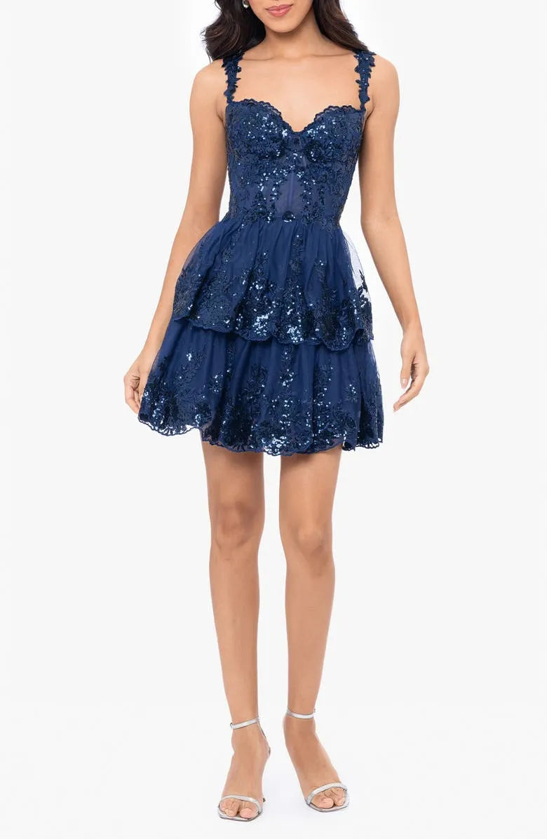Navy Blue Sequin Embellished Homecoming Dress Spaghetti Strap with Scalloped Edges Tiered Tulle Skirt for School Dances