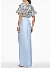 Blue Column Evening Gown Elegant Dress Formal Wedding Guest Floor Length Short Sleeve V Neck Belt / Sash Satin with Glitter Sequin Slit
