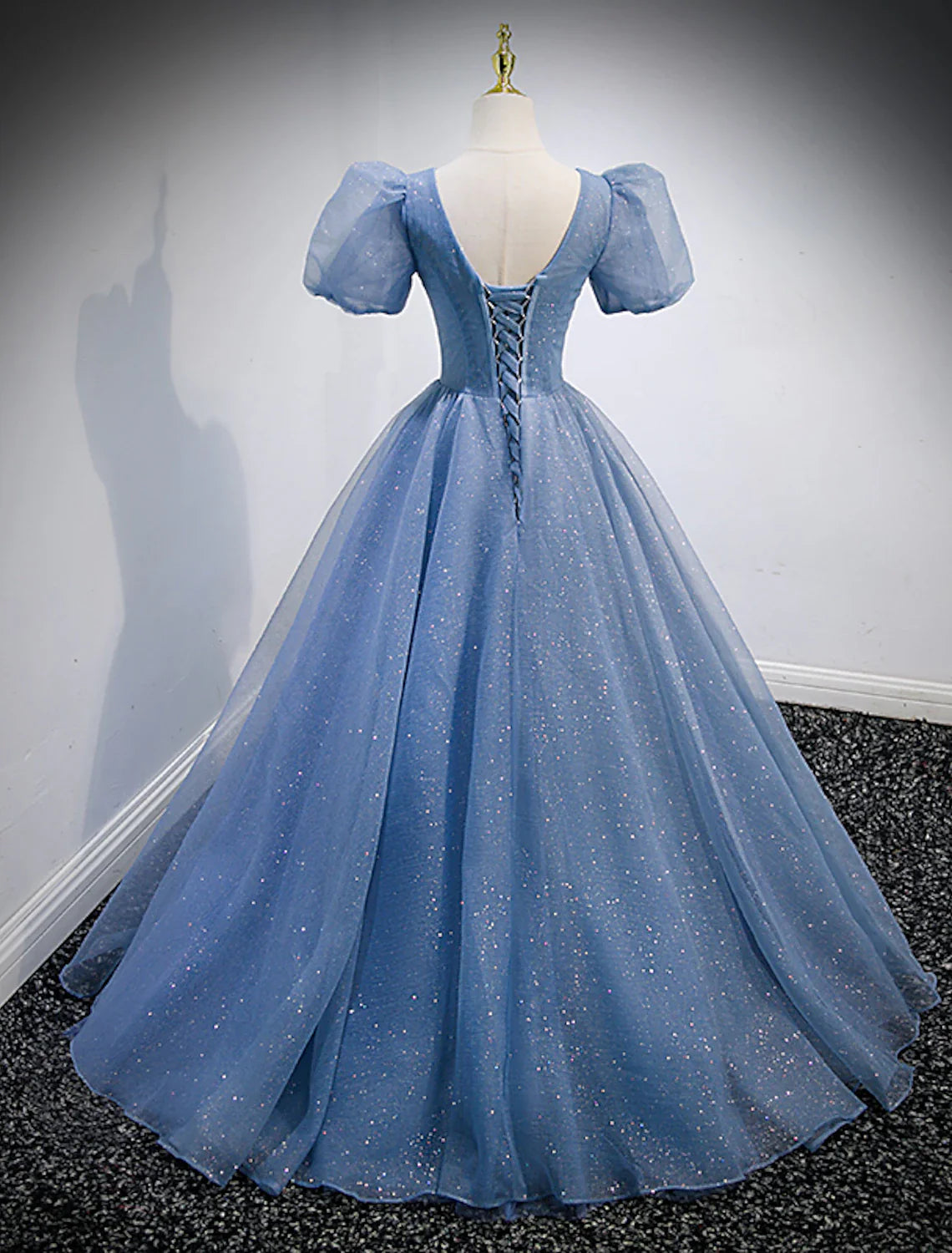A-Line Prom Dresses Puffy Dress Quinceanera Floor Length Short Sleeve V Neck Tulle with Sequin