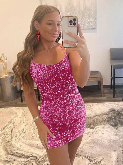 DingJiDress Spaghetti Straps Short Velvet Sequin Party Dress