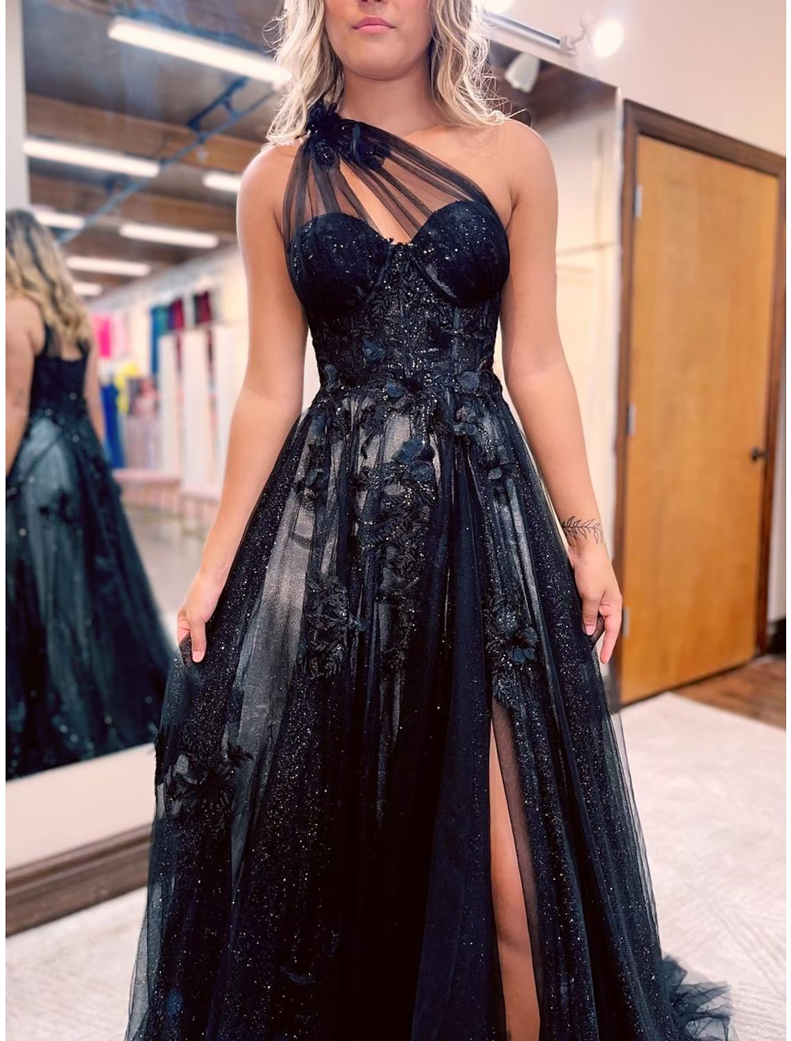 A-Line Prom Dresses Dress Formal Sleeveless One Shoulder Tulle Backless with Pleats Appliques