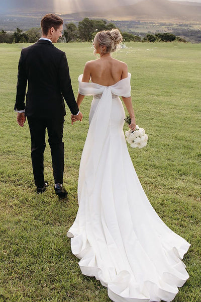 Fairy Mermaid Off the Shoulder Satin Wedding Dress with Bow