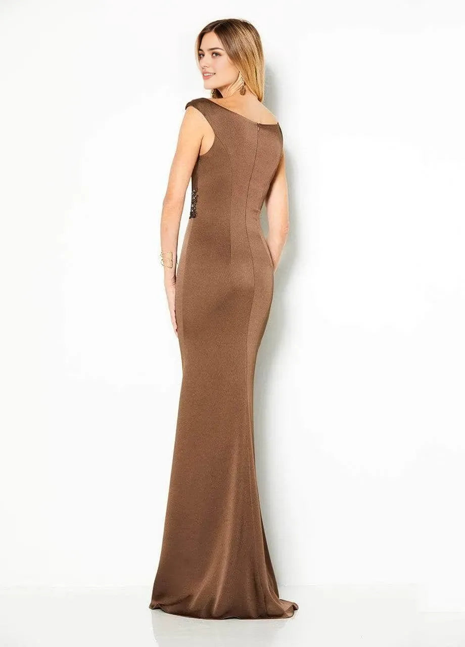 Brown Satin Evening Dress with Asymmetric Neckline Draped Bodice and Beaded Waist Accent for Elegant Occasions