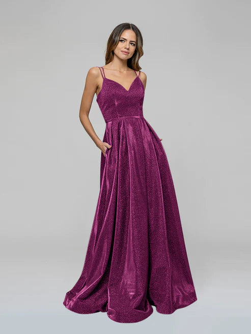 DingJiDress V-neck Sparkly A Line Long Prom Dresses Glitter Ball Gown