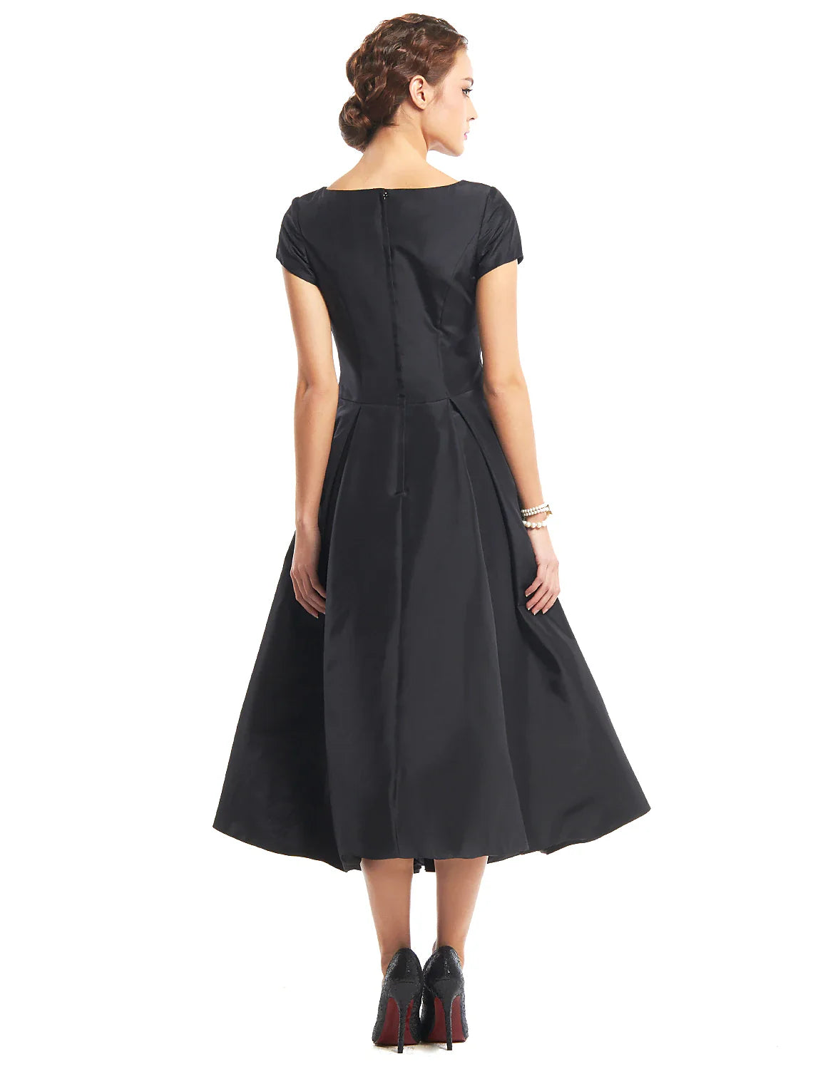 A-Line Vintage Dress Homecoming Wedding Guest Tea Length Short Sleeve Boat Neck Taffeta with Buttons