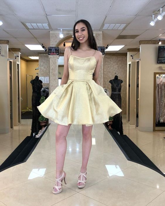 Gold Short A-line Homecoming Dress with Spaghetti Straps