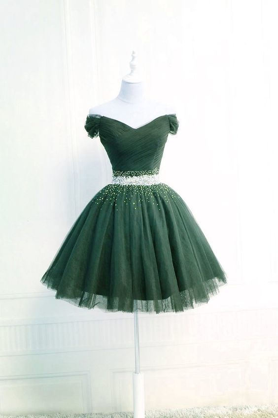 Off the shoulder green tulle short homecoming dress