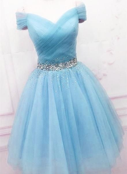 Light Blue Short Tulle Off the Shoulder Blue Formal Homecoming Dresses