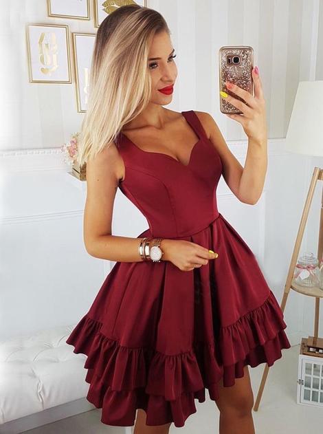 A-Line Straps Above-Knee Burgundy Tiered Homecoming Dress with Pleats