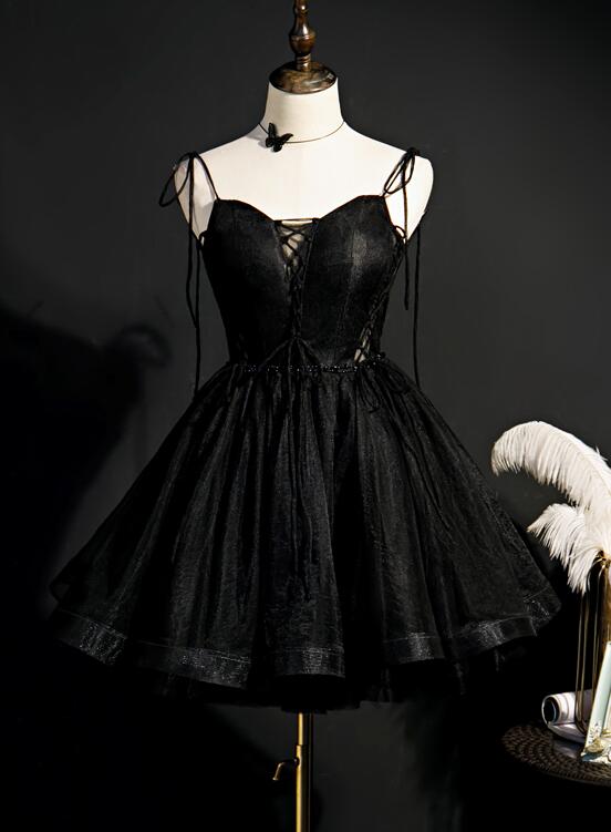 Luxury Black A-Line Straps Sweetheart Sleeveless Lace Up Tulle Short Homecoming Dress