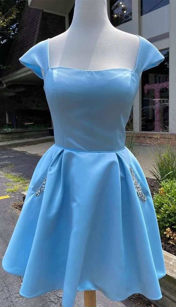cap sleeves light sky blue satin short homecoming dress with beaded bodice