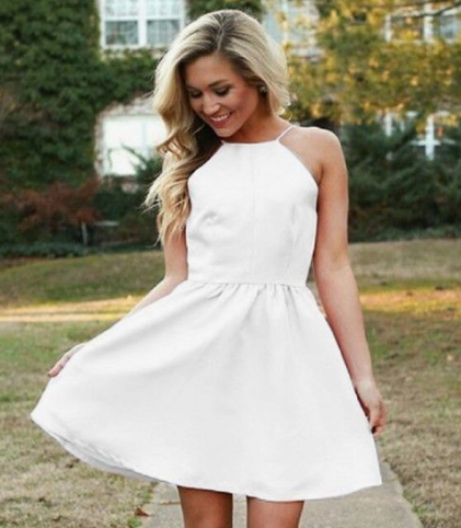 Simple A Line Square Neck Backless Spaghetti Straps White Short Homecoming Dresses