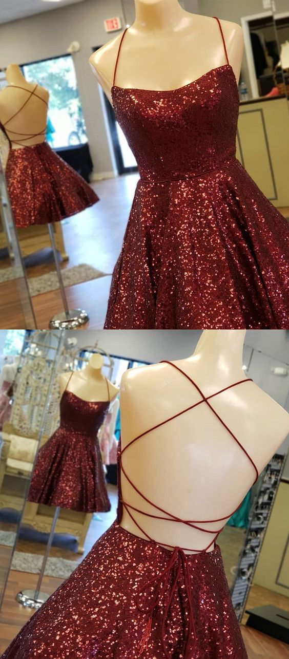Cross Straps Back Burgundy Sequins Homecoming Dress