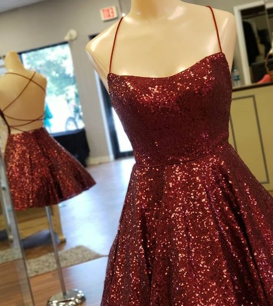 Cross Straps Back Burgundy Sequins Homecoming Dress