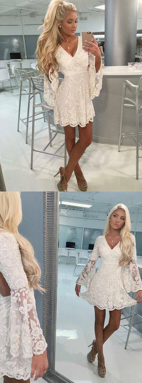 Off-the-Shoulder Bell Sleeves Short White Lace Homecoming Cocktail Dress cute homecoming dress