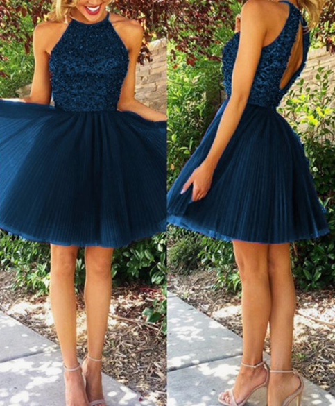 navy blue homecoming dresses short tulle backless dress