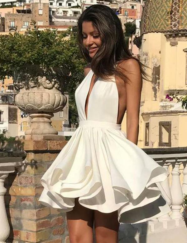 Deep V Neck White Short Homecoming Dresses