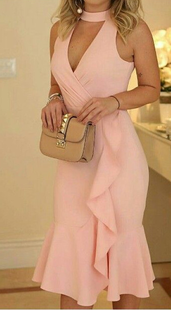 Keyhole tight knee length party back to school dress with ruffles