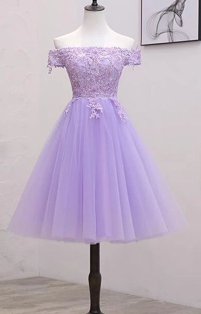 Light Purple Lace And Tulle Off The Shoulder Homecoming Dress Short Party Dress