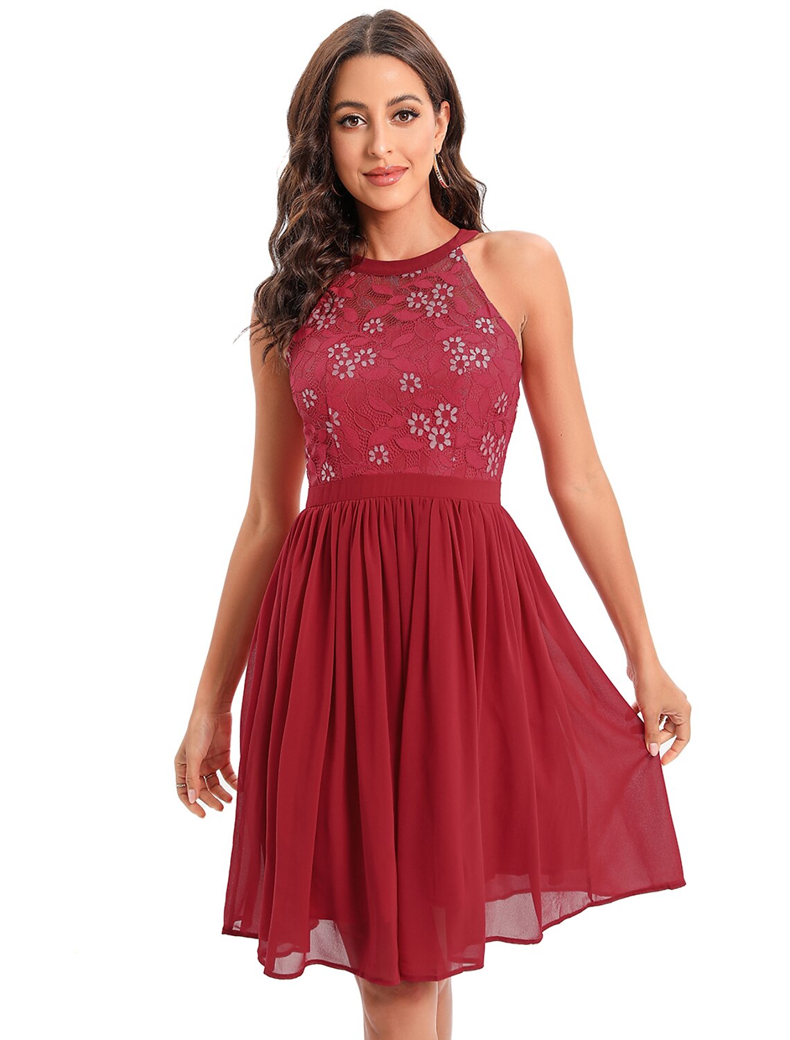 A-Line Cocktail Dresses Vintage Dress Graduation Party Wear Knee Length Sleeveless Jewel Neck Cotton Blend with Lace Insert Pattern / Print Splicing