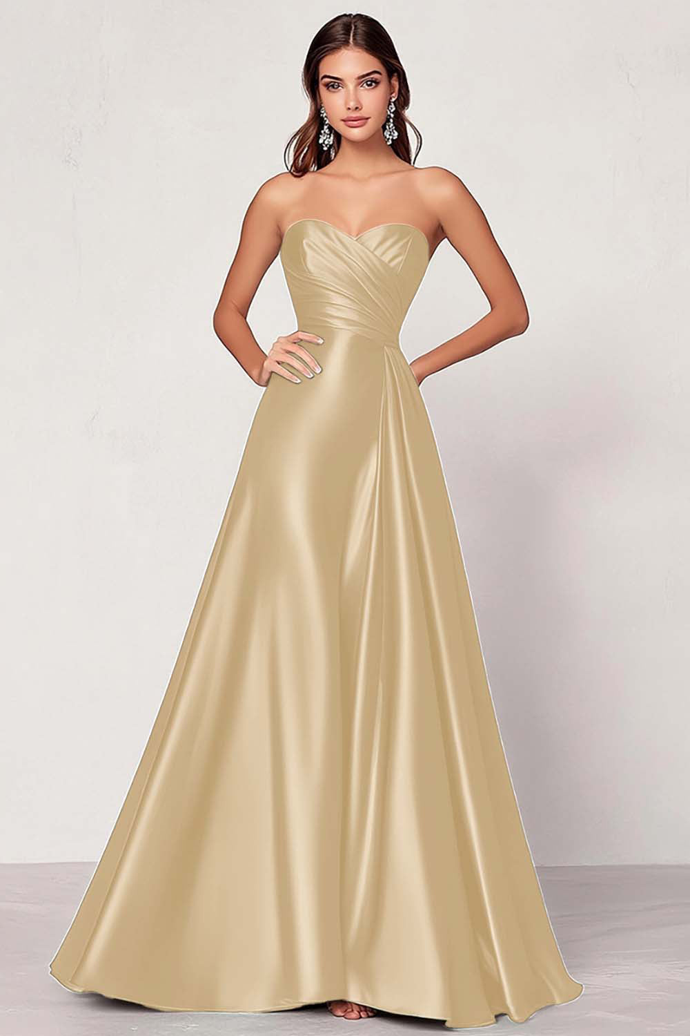 Dusty Blue Satin A Line Sweetheart Long Ruched Prom Dress ﻿