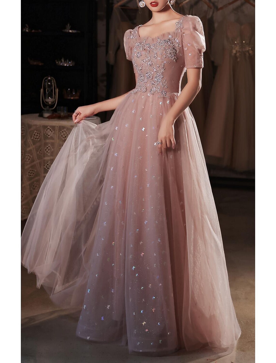 A-Line Prom Dresses Elegant Dress Wedding Guest Prom Floor Length Short Sleeve Sweetheart Satin V Back with Beading Appliques