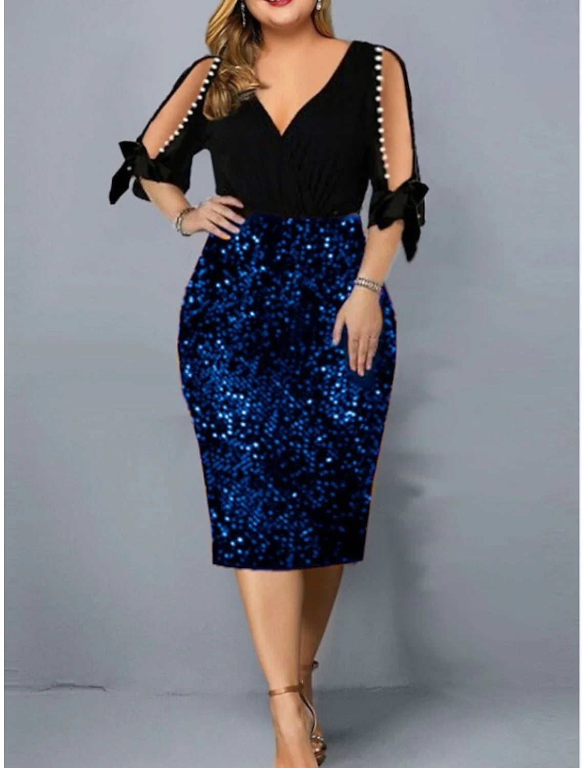 Sheath / Column Party Dresses Sparkle & Shine Dress Party Wear Fall Tea Length Half Sleeve V Neck Sequined with Glitter Bow(s)