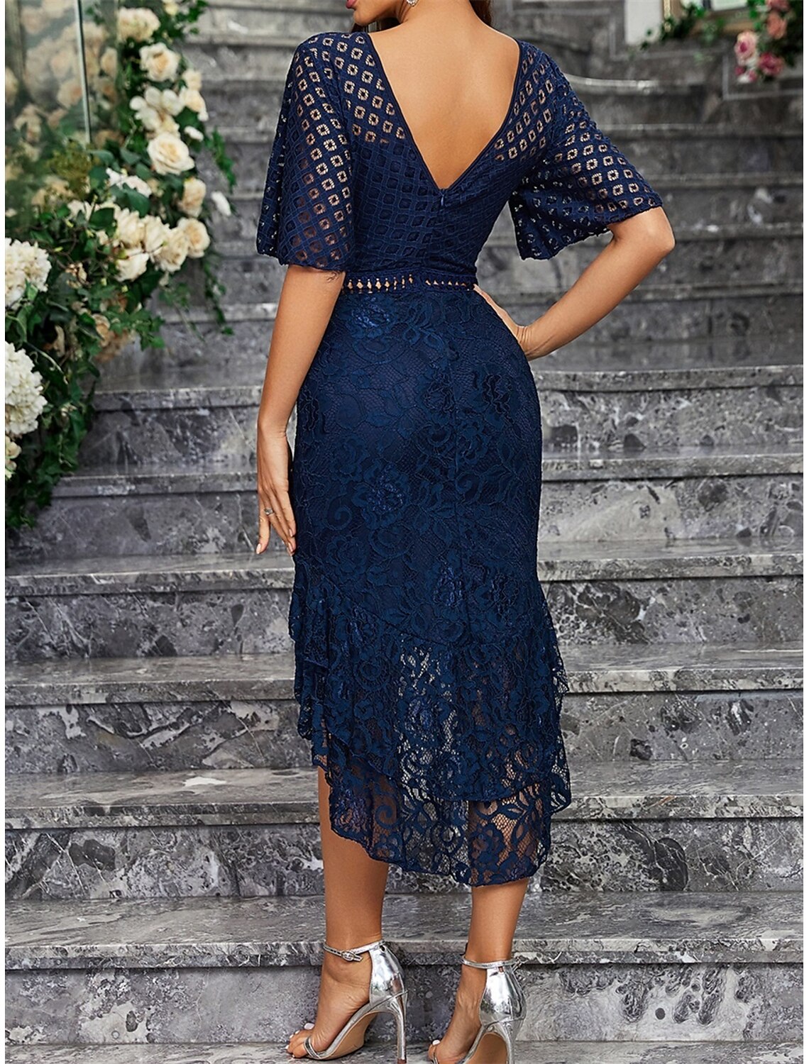 Dress Mother of the Bride Dress Elegant Party Simple Crew Neck Asymmetrical Spandex Short Sleeve with Lace