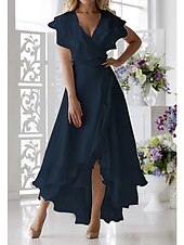 Beach Wedding A-Line Mother of the Bride Dress Wedding Guest Elegant High Low V Neck Asymmetrical Chiffon Short Sleeve with Ruffles Split Front