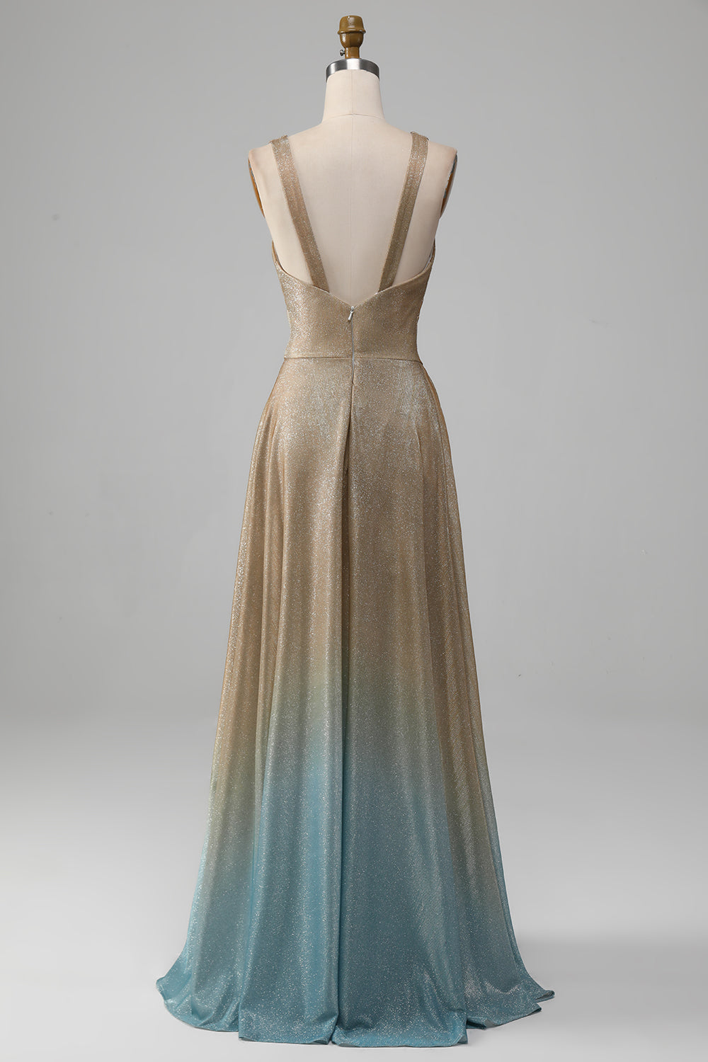 Glitter V-Neck Golden Prom Dress with Slit