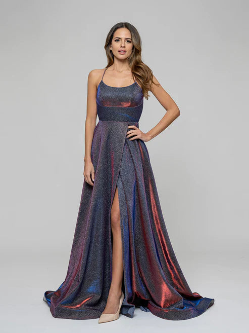 DingJiDress Halter Metallic Glitter Criss Cross Back A Line Prom Dresses