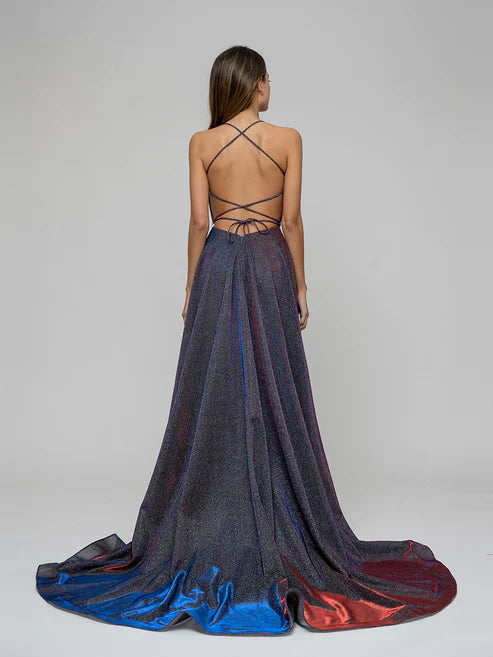 DingJiDress Halter Metallic Glitter Criss Cross Back A Line Prom Dresses
