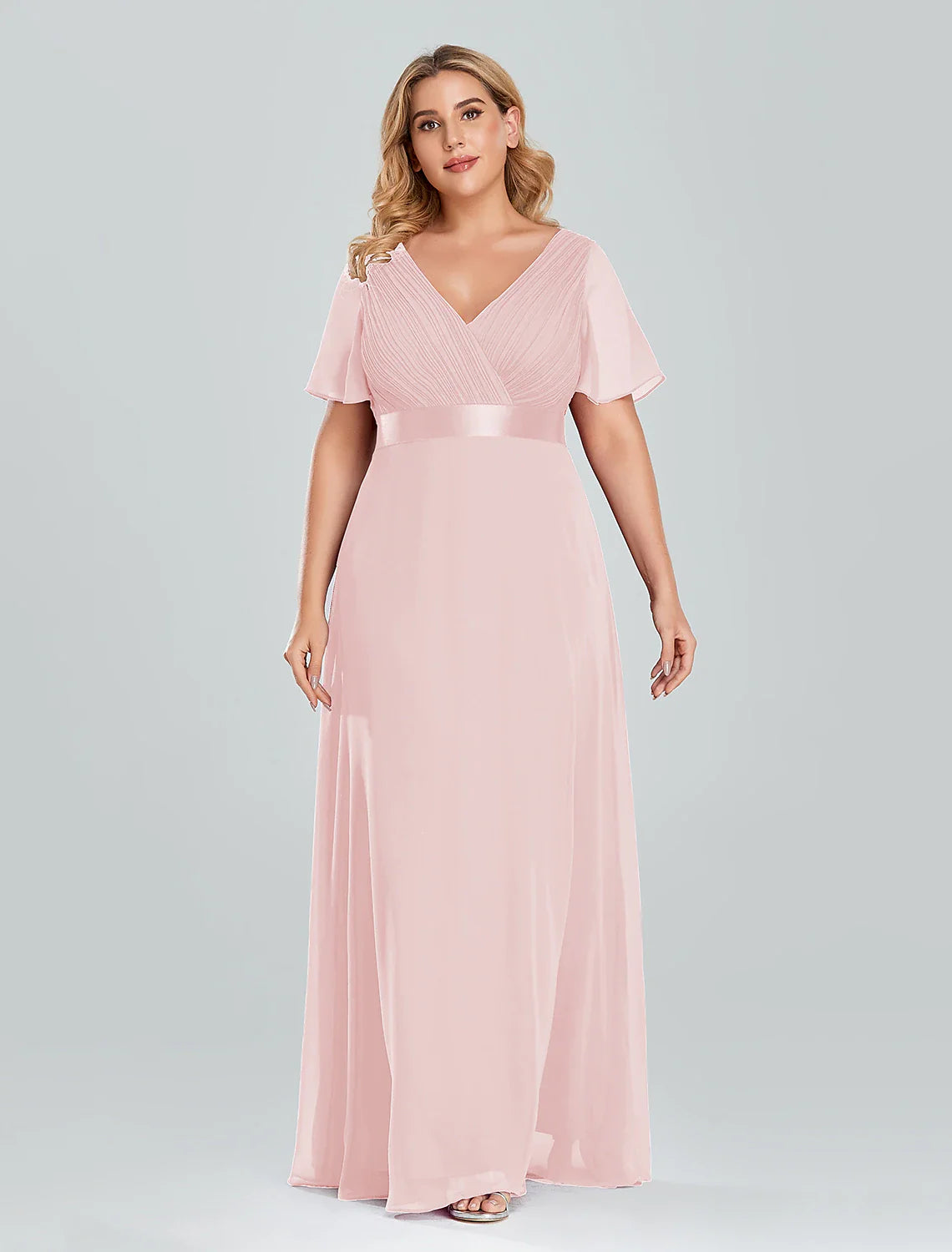 A-Line Prom Dresses Empire Dress Wedding Guest Floor Length Short Sleeve V Neck Chiffon with Pleats