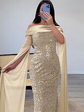 Evening Gown Sequin Elegant Dress Formal Floor Length Long Sleeve Off Shoulder Champagne Mother Of the Bride Dress with Glitter Shawl Masquerade Dress