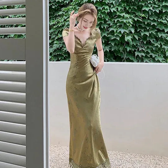 Elegant Women Green Satin Backless Evening Dress Ladies Lace Bandage Vintage Jacquard Dresses Party Summer Robe