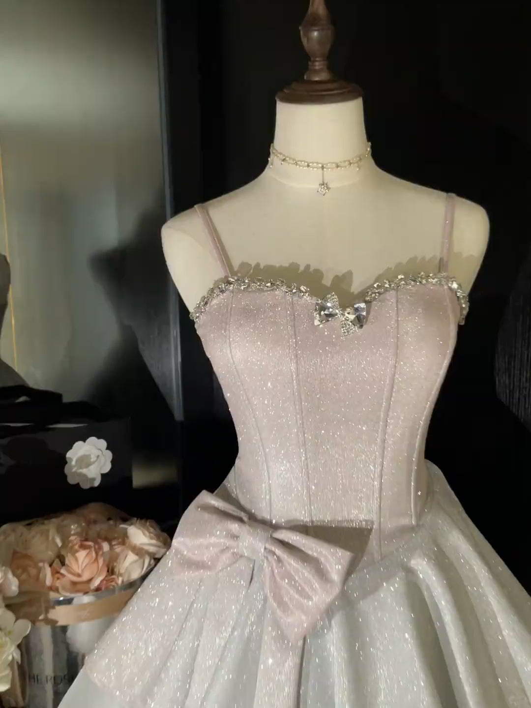 Sweet Pink Spaghetti Straps A-Line Glitter Satin Tulle Short Prom Dresses Homecoming Dress With Bow