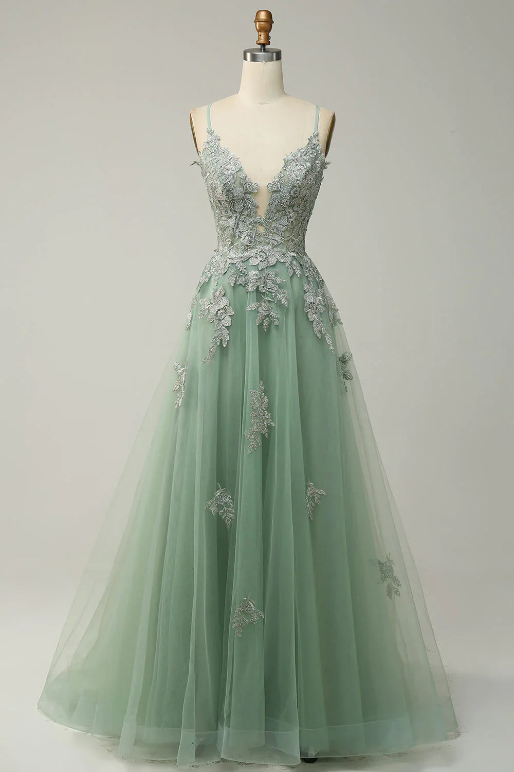 DingJiDress A Line Spaghetti Straps Green Long Prom Dress with Criss Cross Back