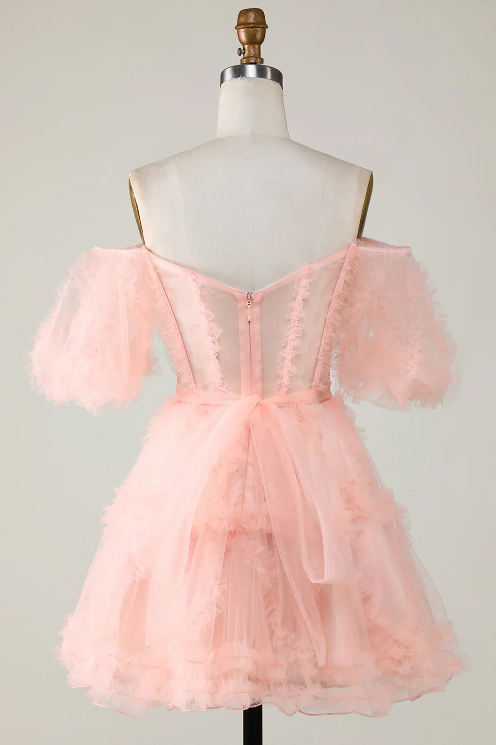 DingJiDress Cute A line Blush Tulle Off The Shoulder Short Homecoming Dress