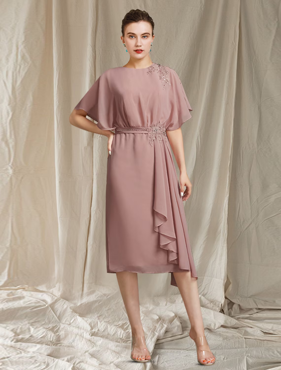 A-Line Mother of the Bride Dress Elegant Jewel Neck Floor Length Chiffon Lace Sleeve with Pleats Appliques