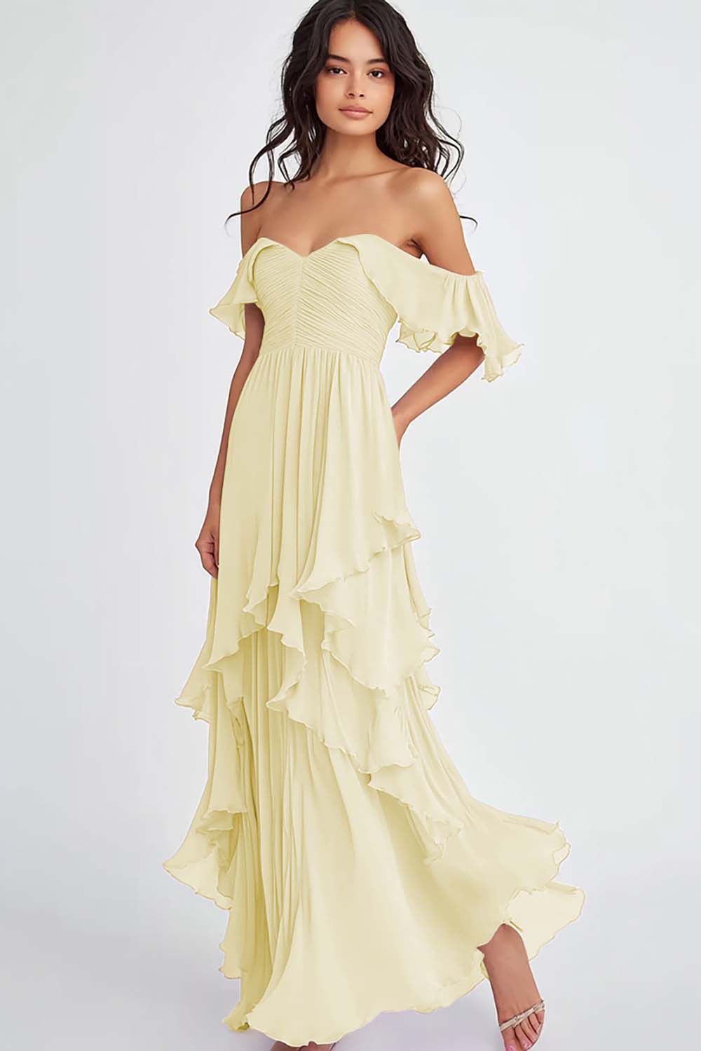 Lilac Off the Shoulder Chiffon Long Formal Dress with Ruffles