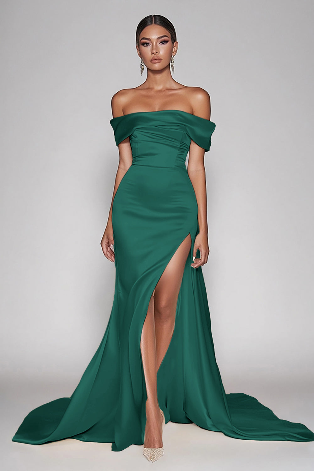 Cabernet Satin Off the Shoulder Long Sheath Prom Dress with Slit
