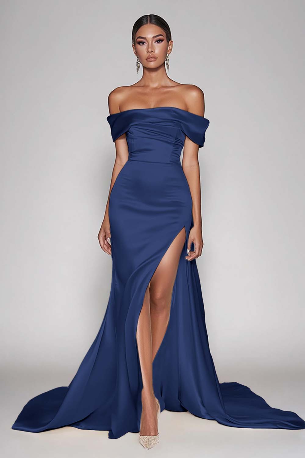 Cabernet Satin Off the Shoulder Long Sheath Prom Dress with Slit