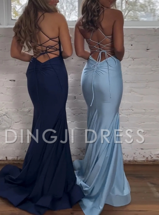 DingJiDress Pretty Mermaid Spaghetti Straps Lace Up Back Long Satin Elegant Prom Dress