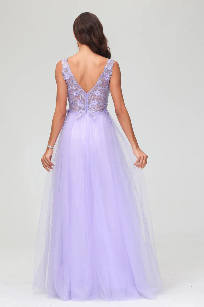 DingJiDress Formal Women's Dresses  A-Line V-neck Sleeveless Lace Applique Beaded Tulle Floor-Length Prom Dresses