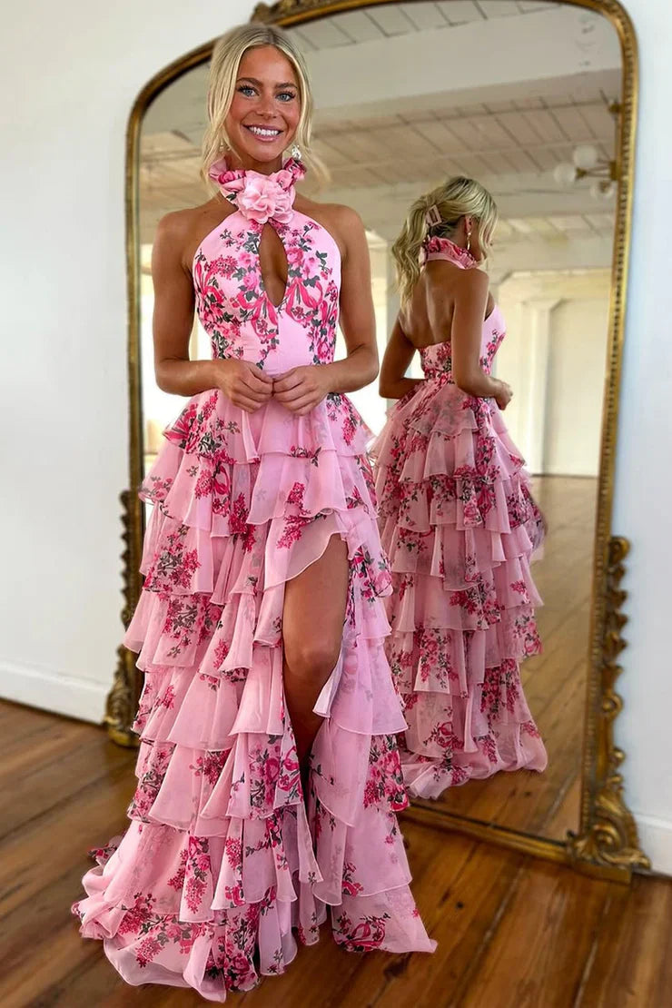 DingJiDress Cute Sheath Halter Floral Printed Chiffon Tiered with Slit Elegant Prom Dress