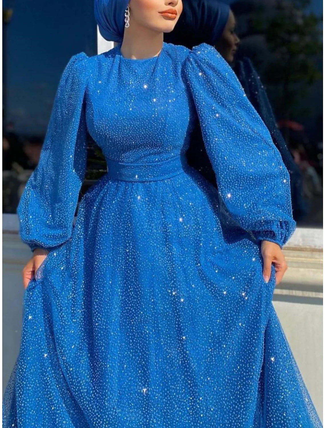 A-Line Evening Gown Elegant Dress Formal Ankle Length Long Sleeve Jewel Neck Sequined with Glitter Pleats