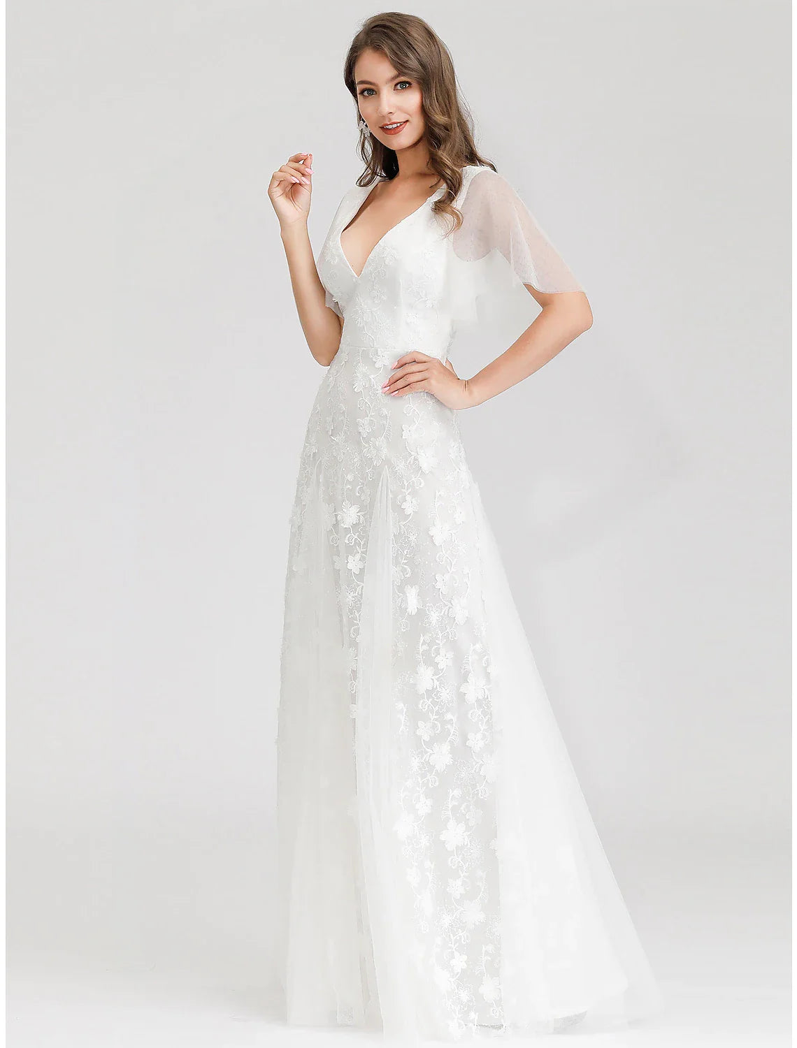 Open Back Dresses A-Line Short Sleeve V Neck Tulle Lace Appliques
