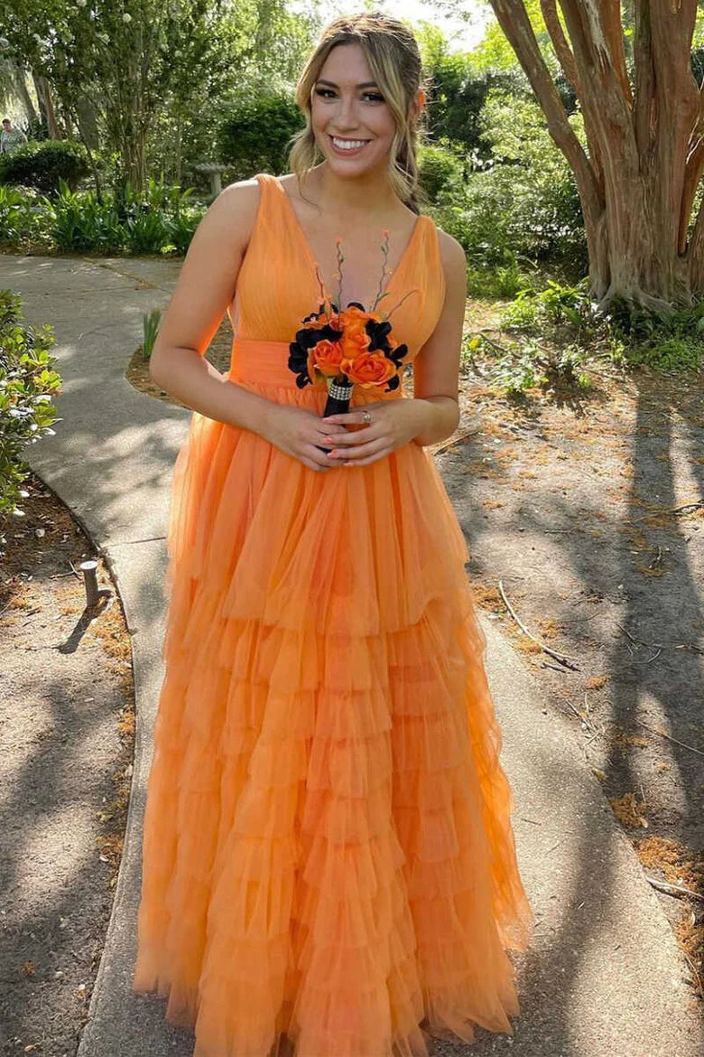 Multi-Tiered Lavender Plunge Neck A-Line Long Prom Dress